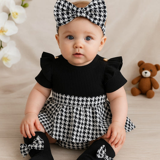 Baby Girl Houndstooth Outfit with Headband and Socks, Infant Toddler Dress Set, Black and White Baby Clothes for Fall Photos