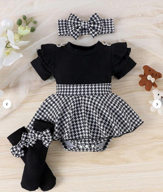 Baby Girl Houndstooth Outfit with Headband and Socks, Infant Toddler Dress Set, Black and White Baby Clothes for Fall Photos