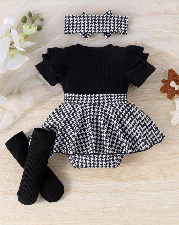 Baby Girl Houndstooth Outfit with Headband and Socks, Infant Toddler Dress Set, Black and White Baby Clothes for Fall Photos