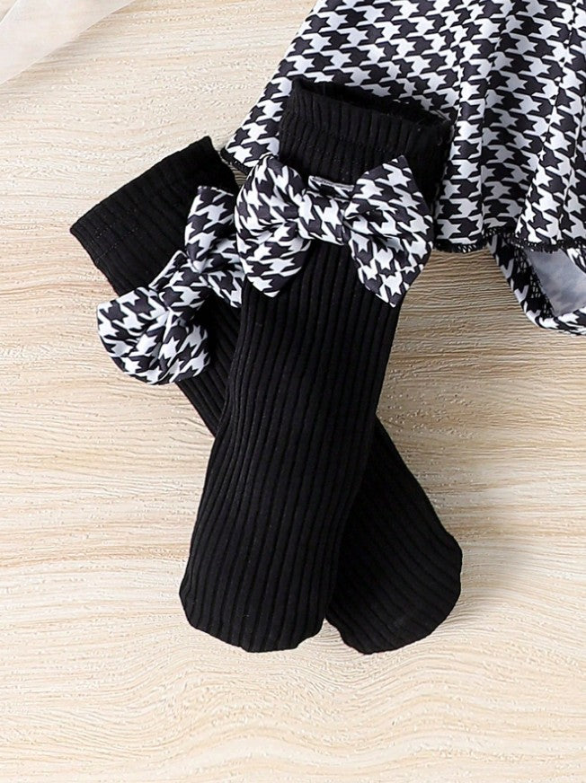 Baby Girl Houndstooth Outfit with Headband and Socks, Infant Toddler Dress Set, Black and White Baby Clothes for Fall Photos