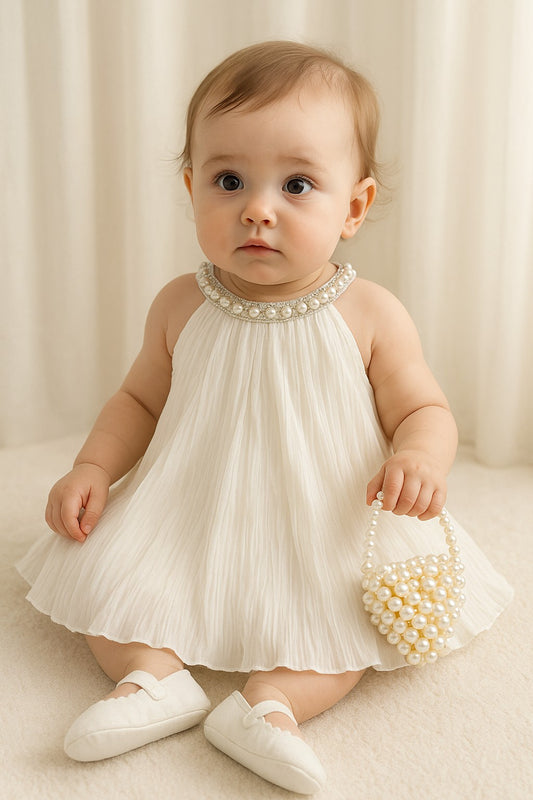 Baby Girl White Gauze Dress with Pearls, Toddler Summer Party Dress, Elegant Baptism Dress, 1st Birthday Outfit, Flower Girl Dress
