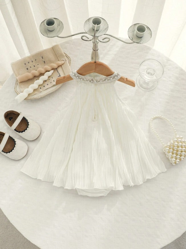 Baby Girl White Gauze Dress with Pearls, Toddler Summer Party Dress, Elegant Baptism Dress, 1st Birthday Outfit, Flower Girl Dress