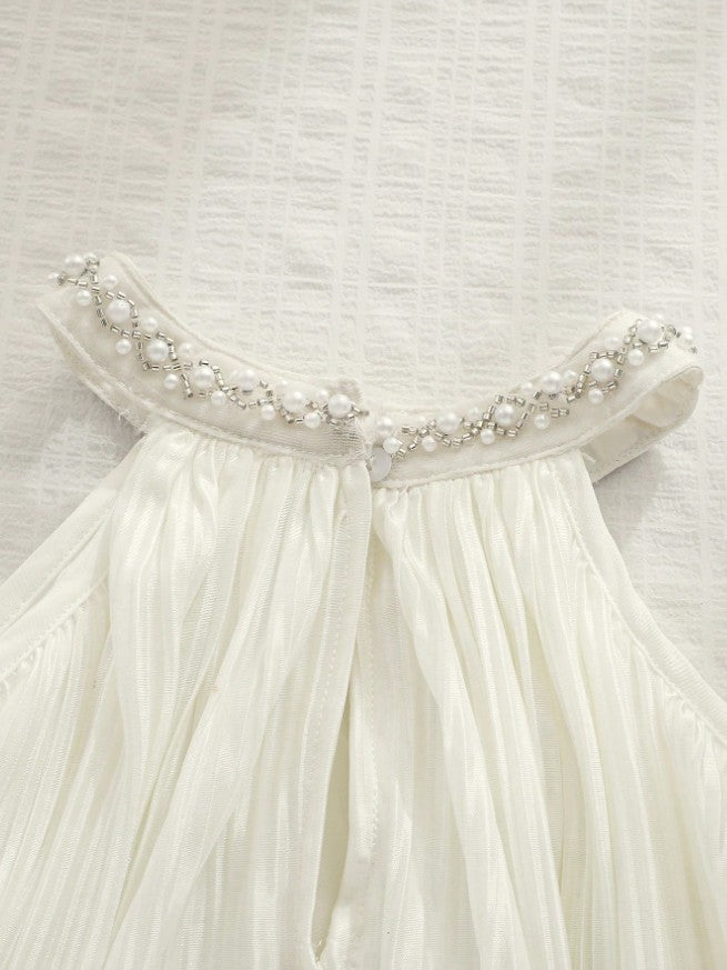 Baby Girl White Gauze Dress with Pearls, Toddler Summer Party Dress, Elegant Baptism Dress, 1st Birthday Outfit, Flower Girl Dress