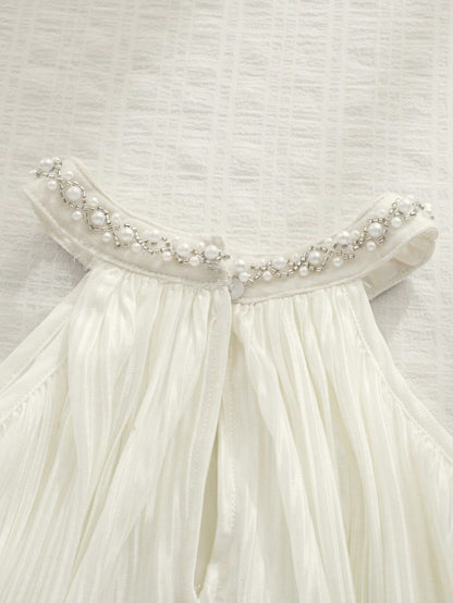 Baby Girl White Gauze Dress with Pearls, Toddler Summer Party Dress, Elegant Baptism Dress, 1st Birthday Outfit, Flower Girl Dress