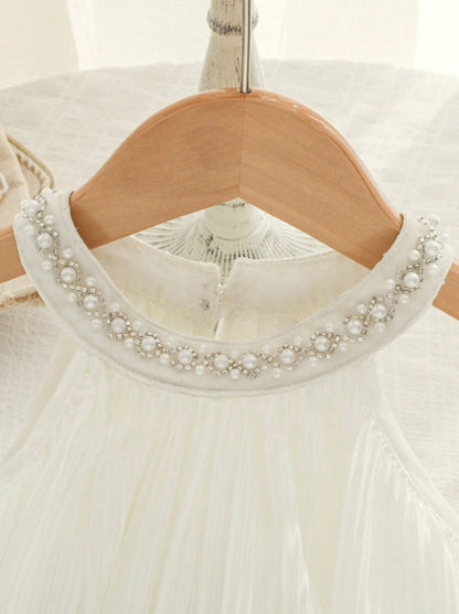Baby Girl White Gauze Dress with Pearls, Toddler Summer Party Dress, Elegant Baptism Dress, 1st Birthday Outfit, Flower Girl Dress