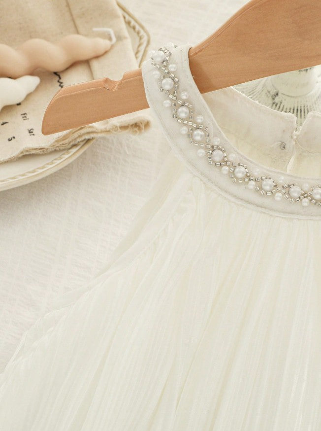 Baby Girl White Gauze Dress with Pearls, Toddler Summer Party Dress, Elegant Baptism Dress, 1st Birthday Outfit, Flower Girl Dress