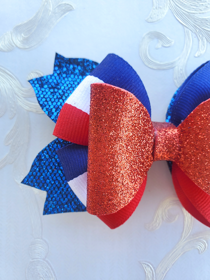 Red White Blue Glitter Hair Bow for Girls