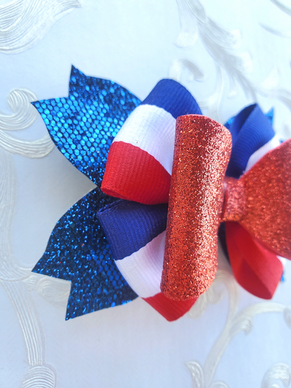 Red White Blue Glitter Hair Bow for Girls