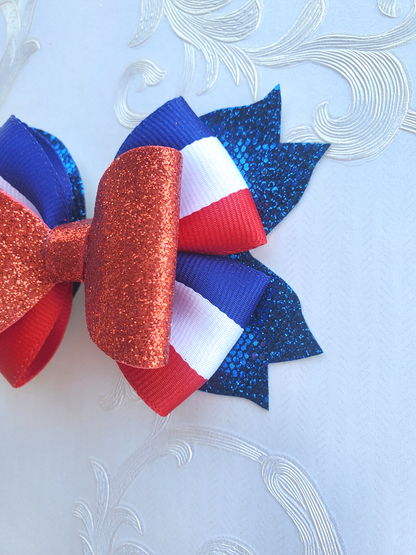 Red White Blue Glitter Hair Bow for Girls
