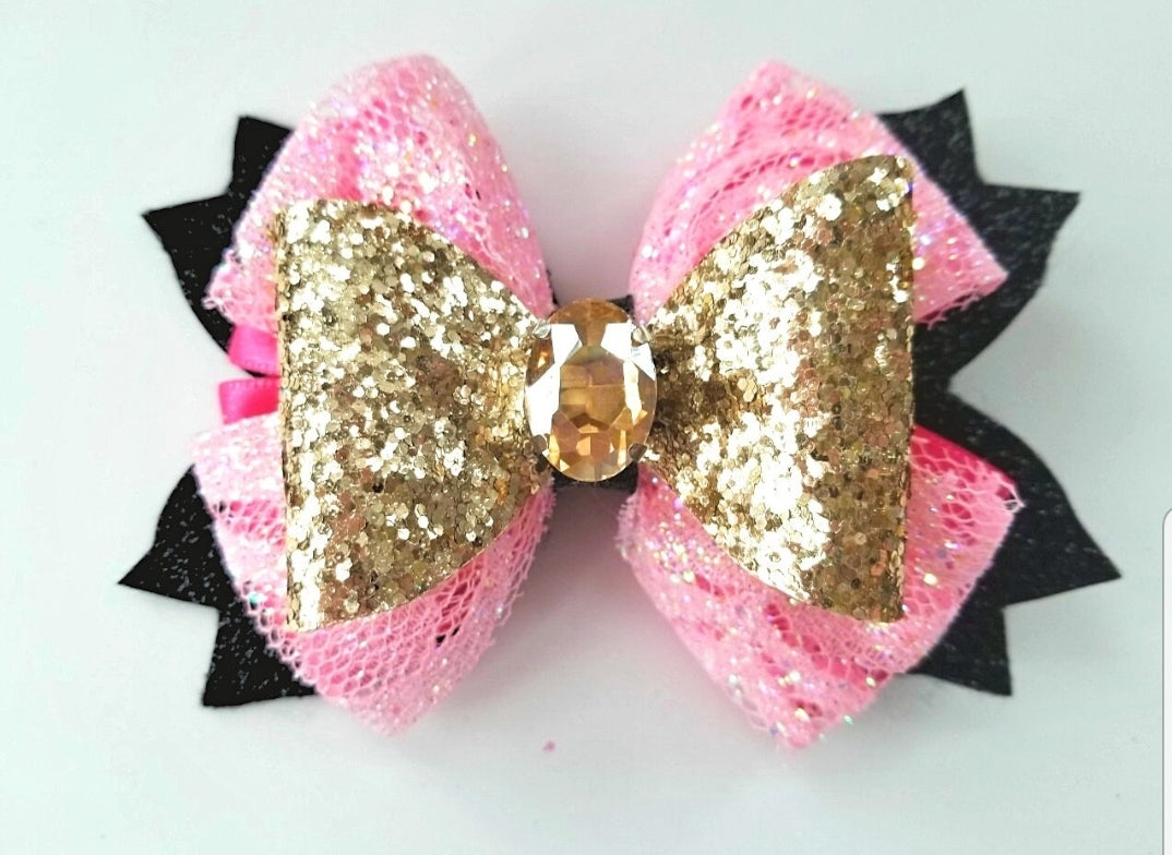 Pink and Gold Glitter Hair Bow for Girls