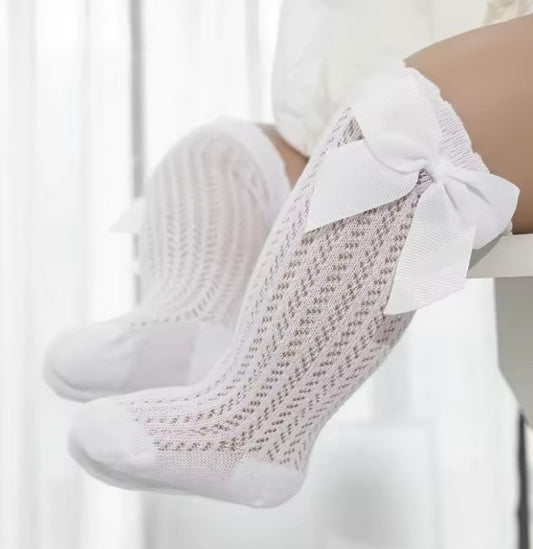 Baby Girl White Mesh Bow Socks, Toddler Lace Knee High Socks, Cute Knit Socks for Girls, Dressy Baby Socks, Infant Party Socks