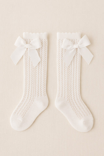 Baby Girl White Mesh Bow Socks, Toddler Lace Knee High Socks, Cute Knit Socks for Girls, Dressy Baby Socks, Infant Party Socks